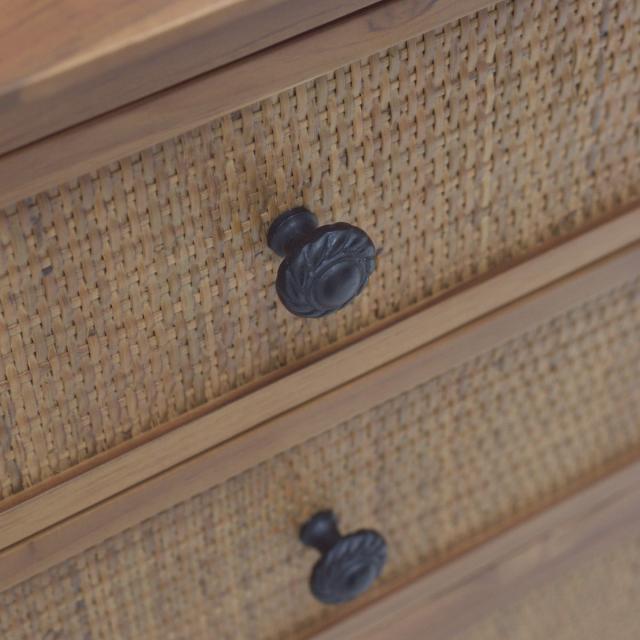 籐 チェスト 4段6杯 エスニック風 チーク材フレーム 幅80cm （ ラタン製 ラタンチェスト 収納 整理 衣類収納 完成品 籐家具 引出し 木製 ラタン ディスプレイ 韓国風インテリア おしゃれ ）
