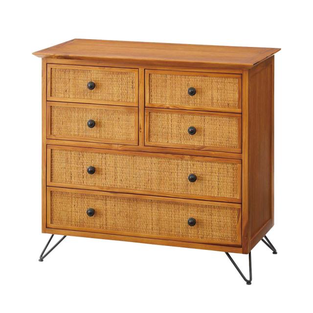 籐 チェスト 4段6杯 エスニック風 チーク材フレーム 幅80cm （ ラタン