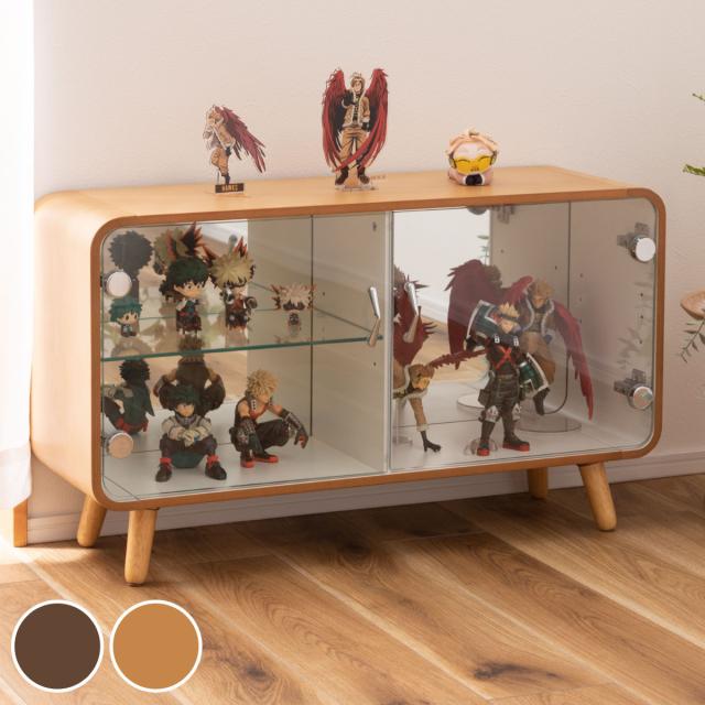 コレクションラック ロータイプ ショーケース 背面ガラス 約幅80cm （ ラック コレクション ガラスキャビネット ガラス棚板 完成品 キャビネット ディスプレイ 背面ミラー ガラス 可動棚 収納 ブラウン ナチュラル ）の通販は
