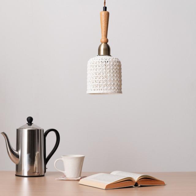 ペンダントライト 陶器 天然木 電球付き 筒型 （ LED E26 北欧 吊り下げ照明 1灯 セラミック ライト ランプシェード 工事不要 韓国インテリア 照明 天井照明 木製 ラバーウッド リビング ダイニング キッチン アジャスター付 ）_3