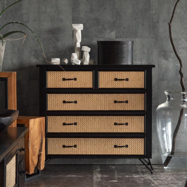 チェスト 4段5杯 エスニック調 ラタン張り 幅80cm ( 収納 引出し 家具 天然木 ラタン 籐 たんす 箪笥 四段 リビング ブラック アジアン家具 木製 )の通販は