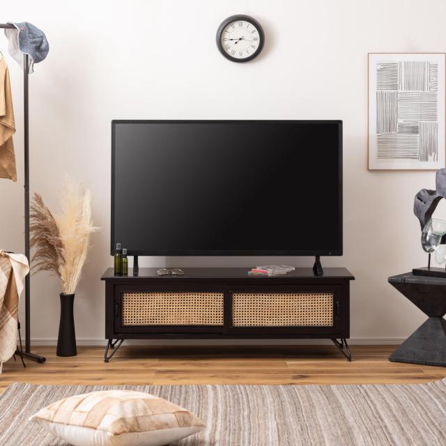 【アンティーク】籐家具 ラタン キャスター付き 回転式 テレビ台 収納棚 古家具 TVボード エスニック調 ラタン張り 幅120cm （ TV台 収納 家具 天然木
