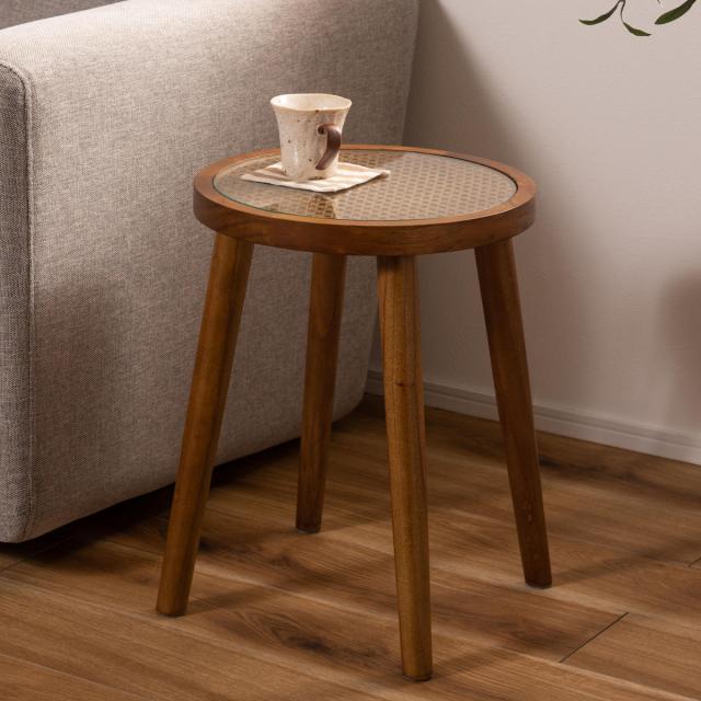 新品 送料込み ラタン ラウンド サイドテーブル S 35×45cm サイドテーブル Sサイズ 高さ45cm ラウンドガラステーブル