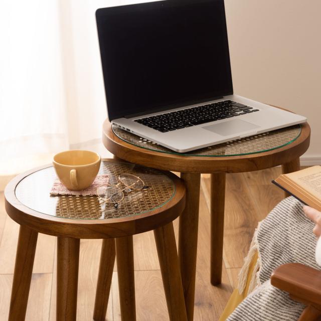 サイドテーブル Sサイズ 高さ45cm ラウンドガラステーブル （ ラタン