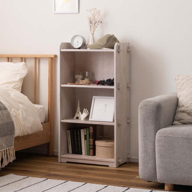 本棚 コンパクト 幅56cm 3段 天然木 簡単組立 （ ラック 工具不要 木製 背面化粧 簡単 シェルフ 飾り棚 花台 収納 ミンディ 省スペース ブラウン ホワイト ）の通販は