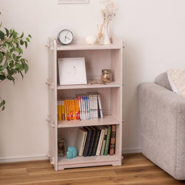 本棚 コンパクト 幅56cm 3段 天然木 簡単組立 （ ラック 工具不要 木製 背面化粧 簡単 シェルフ 飾り棚 花台 収納 ミンディ 省スペース ブラウン ホワイト ）の通販は