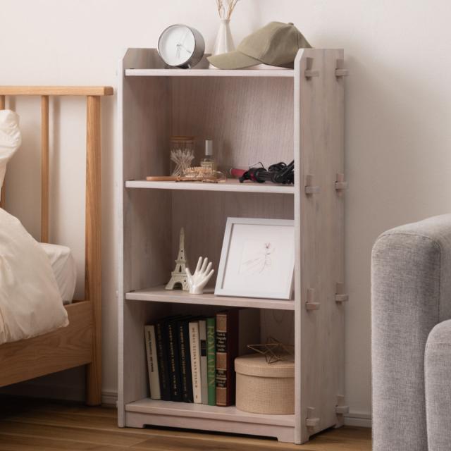 本棚 コンパクト 幅56cm 3段 天然木 簡単組立 （ ラック 工具不要 木製 背面化粧 簡単 シェルフ 飾り棚 花台 収納 ミンディ 省スペース ブラウン ホワイト ）の通販は