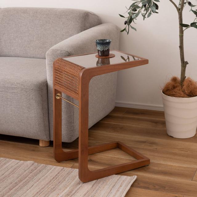 サイドテーブル 高さ55cm ガラステーブル ラタン （ 机 リビング カフェテーブル リビングテーブル 籐 籐編み 籐製 かごめ ミニテーブル 木製 ナチュラル おしゃれ 完成品 天然素材 ）の通販は