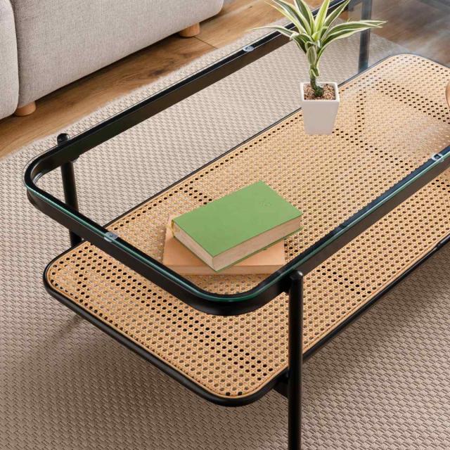 ガラス天板ラタンテーブル 長方形 正方形/長方形 テーブル 天板 安全