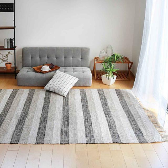 ラグ カーペット コットン100% 170×230cm （ ラグマット 絨毯 マット 折りたためる 収納 コンパクト 床暖 ホットカーペット 対応 収納袋付き オリジナルバッグ付き フリンジ ストライプ 綿 100％ ）