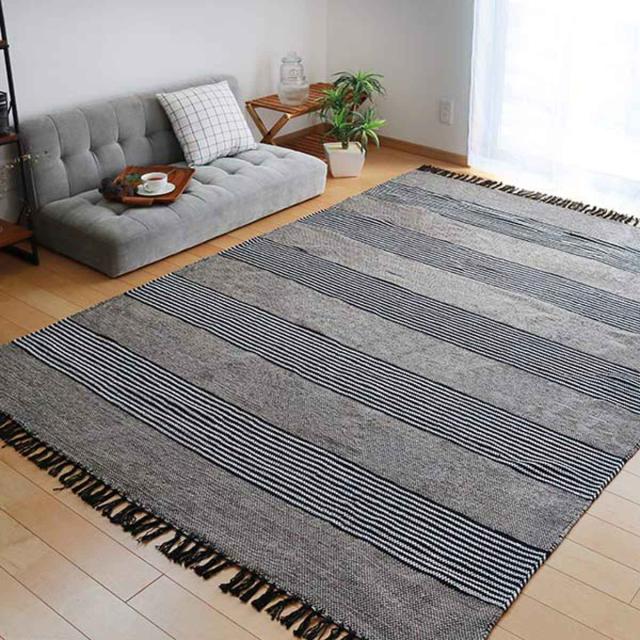 ラグ カーペット コットン100% 170×230cm （ ラグマット 絨毯 マット 折りたためる 収納 コンパクト 床暖 ホットカーペット 対応 収納袋付き オリジナルバッグ付き フリンジ ストライプ 綿 100％ ）_2