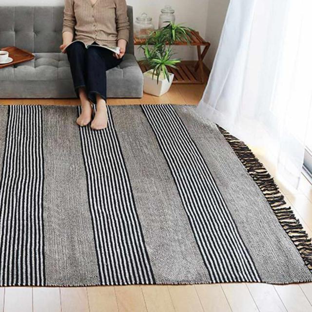 ラグ カーペット コットン100% 170×230cm （ ラグマット 絨毯 マット 折りたためる 収納 コンパクト 床暖 ホットカーペット 対応 収納袋付き オリジナルバッグ付き フリンジ ストライプ 綿 100％ ）_3