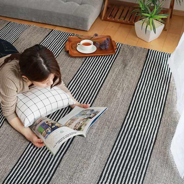 ラグ カーペット コットン100% 170×230cm （ ラグマット 絨毯 マット 折りたためる 収納 コンパクト 床暖 ホットカーペット 対応 収納袋付き オリジナルバッグ付き フリンジ ストライプ 綿 100％ ）_5
