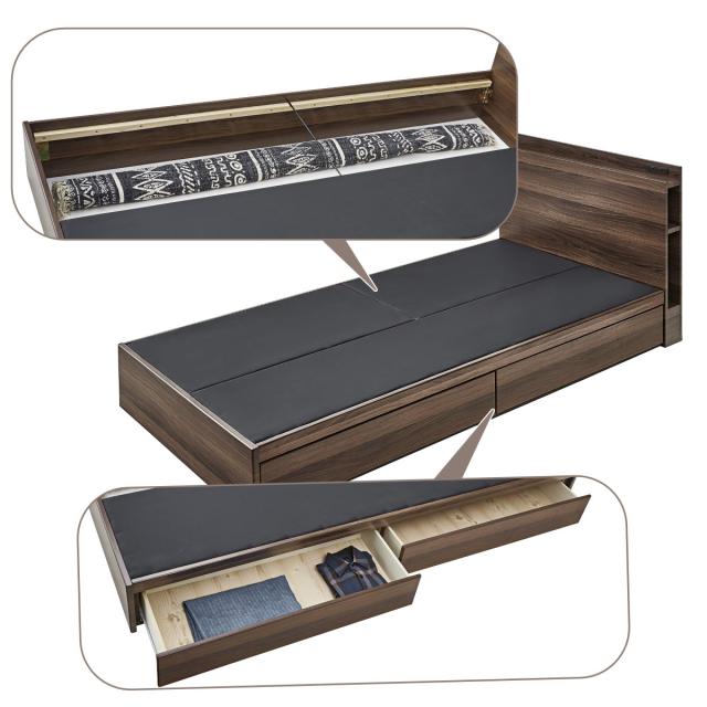 ブラウン◆引出し宮棚付き収納木製シングルベッド 収納ラック 2口コンセント 楽天市場】3分組立ベッド シングル 引出し収納 宮棚 2口