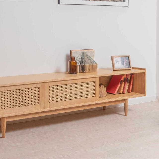 form ローボード 幅180cm 80インチ対応 ガモット ラタン調 （ テレビ台 TV台 テレビボード 収納 ラック 人工ラタン フォーム 引き戸 天然木 リビングボード かごめ編 お掃除ロボット対応 ）_8