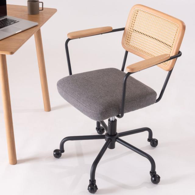 form オフィスチェア 昇降式 座面高44〜51cm デスクチェア エルダー （ ワークチェア パソコンチェア キャスター付き ラタン調 天然木 木製 肘掛け スチール 学習椅子 勉強椅子 座面 高さ調節 イス オフィス 仕事 ）_6