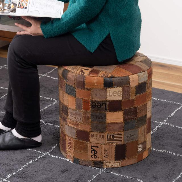 スツール ラウンド 高さ44cm おしゃれ パッチワーク 完成品 （ 椅子 チェア 腰掛け イス ヴィンテージ調 本革 合皮 サイドテーブル オットマン 軽量 丸 革タグ サブチェア 来客用 リビング キッチン 玄関 簡易テーブル 軽い ）_3