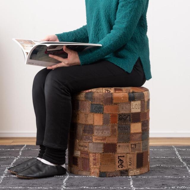 スツール ラウンド 高さ44cm おしゃれ パッチワーク 完成品 （ 椅子 チェア 腰掛け イス ヴィンテージ調 本革 合皮 サイドテーブル オットマン 軽量 丸 革タグ サブチェア 来客用 リビング キッチン 玄関 簡易テーブル 軽い ）_4