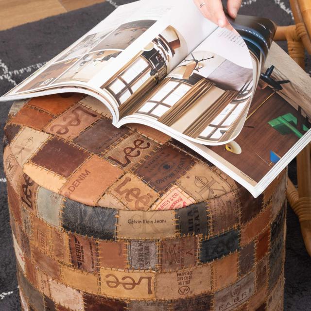 スツール ラウンド 高さ44cm おしゃれ パッチワーク 完成品 （ 椅子 チェア 腰掛け イス ヴィンテージ調 本革 合皮 サイドテーブル オットマン 軽量 丸 革タグ サブチェア 来客用 リビング キッチン 玄関 簡易テーブル 軽い ）_5