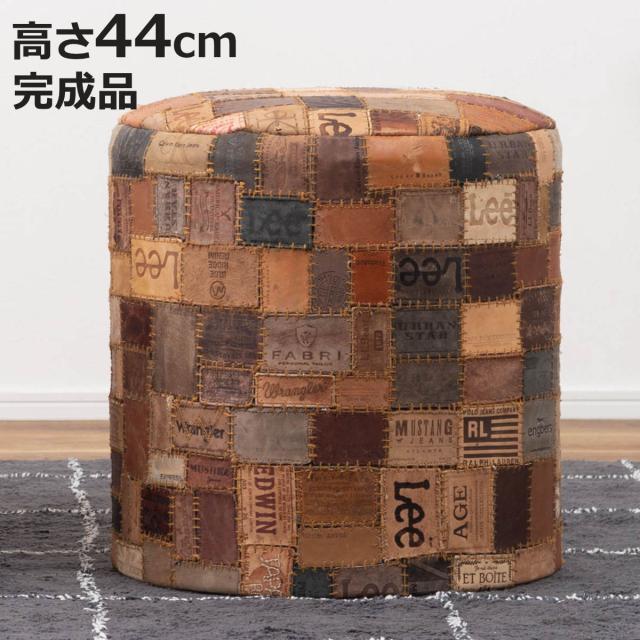 スツール ラウンド 高さ44cm おしゃれ パッチワーク 完成品 （ 椅子 チェア 腰掛け イス ヴィンテージ調 本革 合皮 サイドテーブル オットマン 軽量 丸 革タグ サブチェア 来客用 リビング キッチン 玄関 簡易テーブル 軽い ）