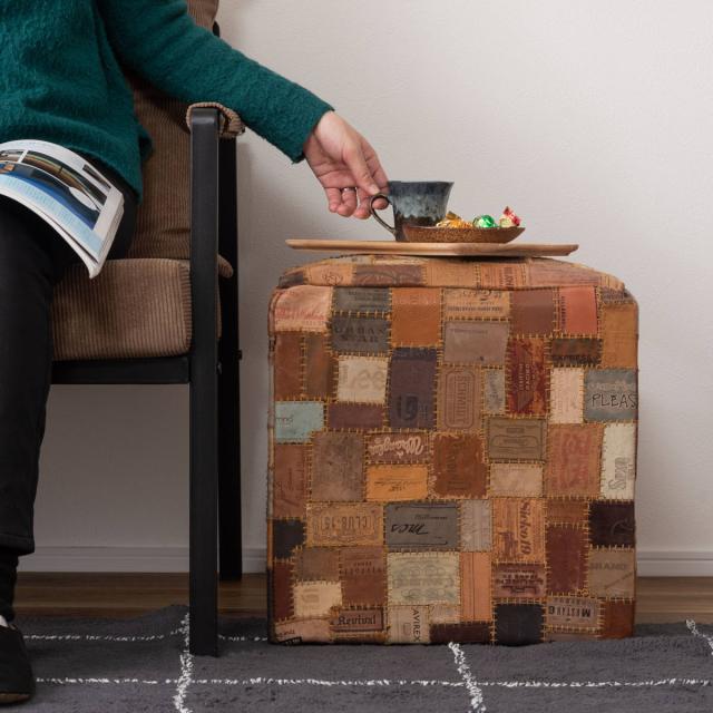 スツール キューブ 高さ44cm おしゃれ パッチワーク 完成品 （ 椅子 チェア 腰掛け イス ヴィンテージ調 本革 合皮 サイドテーブル オットマン 軽量 四角 革タグ サブチェア 来客用 リビング キッチン 玄関 簡易テーブル 軽い ）_6