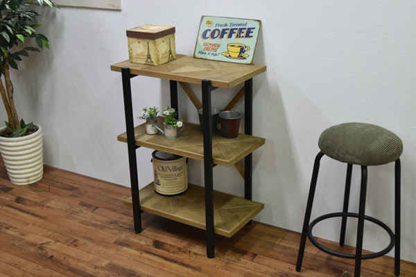 オープンラック 3段 組木 古材風 KALEIDO 約幅61cm （ 本棚 収納棚