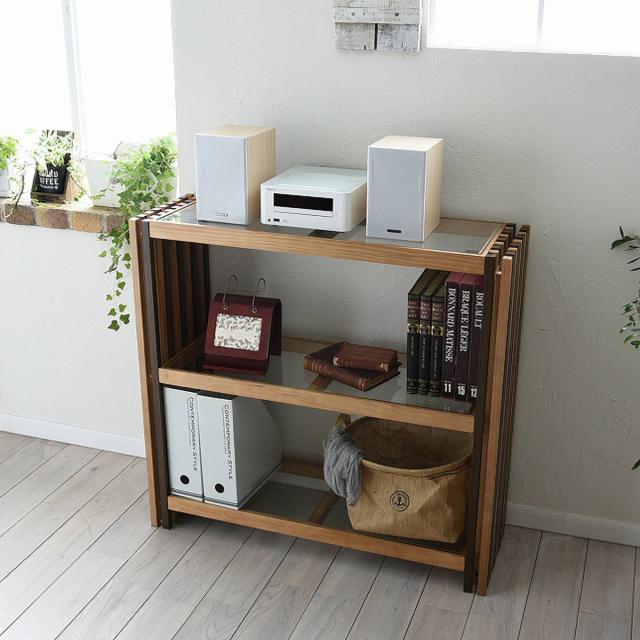 木製棚板とアイアンフレームのオープンシェルフ オープンラック 幅90cm 3段 ガラス天板 格子 天然木 FOREST