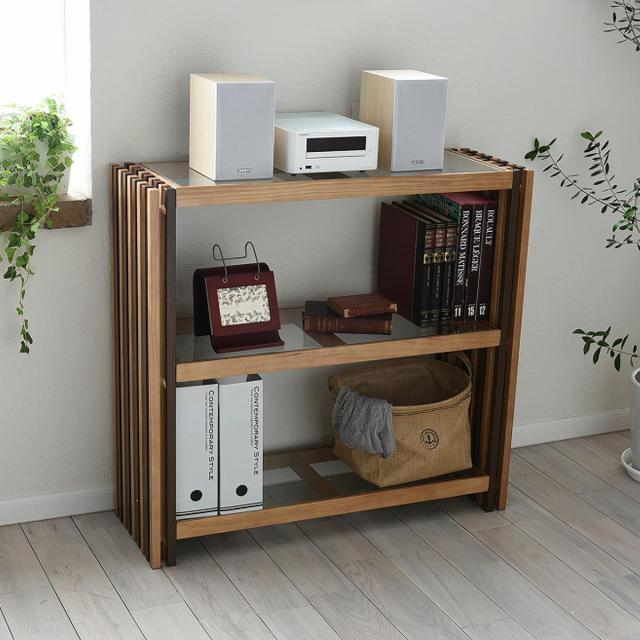 オープンラック 幅90cm 3段 ガラス天板 格子 天然木 FOREST