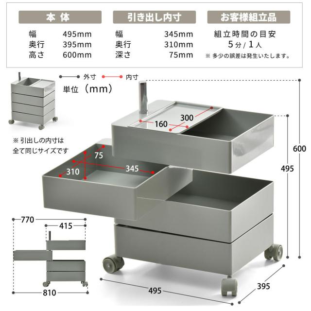収納ワゴン 4段 360度 回転 キャスター付き （ ワゴン 収納 棚 ラック 四段 トレー トロリー サイドワゴン サイドテーブル 4段トレー デスクサイド 回転式 トレイ アイボリー ライトブラウン ライトブルー イエロー ）_3
