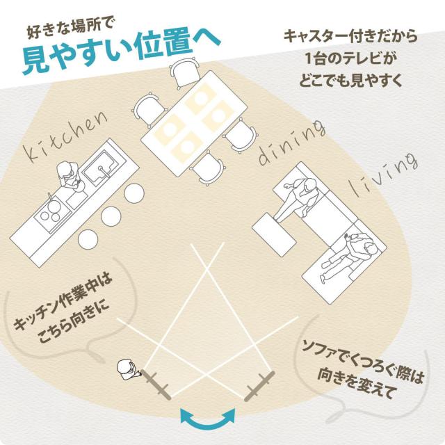 テレビスタンド 65型対応 高さ調節 キャスター付き 90度回転 昇降ハンドル （ テレビ台 スタンド 伸縮 棚付 簡単組立 コーナー 角度調節 省スペース設計 ブラック ホワイト 安全ロック付 ）_10