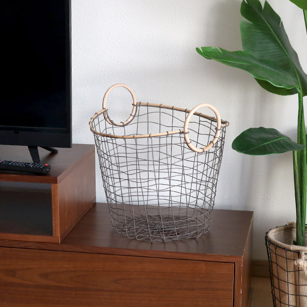 ワイヤーバスケット 籐のカゴ 直径38×高さ30cm （ バスケット ラタン