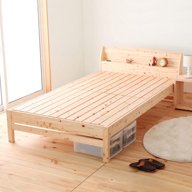 すのこベッド シングル 国産ひのき 宮棚 2口コンセント付 高さ調整可 日本