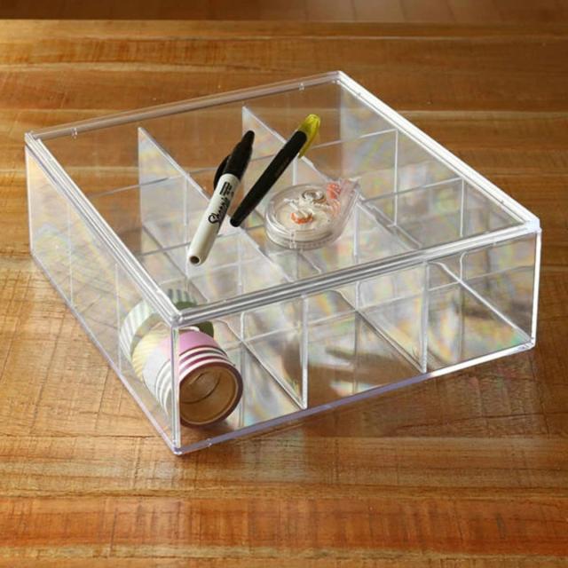 クリアケース ふた付き 9分割 5個セット 透明 プラスチック 収納 デスコシリーズ （ 幅24×奥行24×高さ9.2cm 小物収納 仕切り付き 小物入れ 卓上収納 収納ケース 小物ケース フタ付き スタッキング 日本製 パーツ ビーズ デスク ）