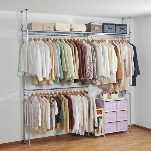 突っ張り クローゼット ハンガーラック 浅型 ハイタイプ ワイド 幅140〜250cm （ つっぱり 伸縮 突張り ラック 壁面収納 収納 スチール シルバー 吊り下げ収納 ハンガー 棚 収納ラック 衣類収納 ）の通販は