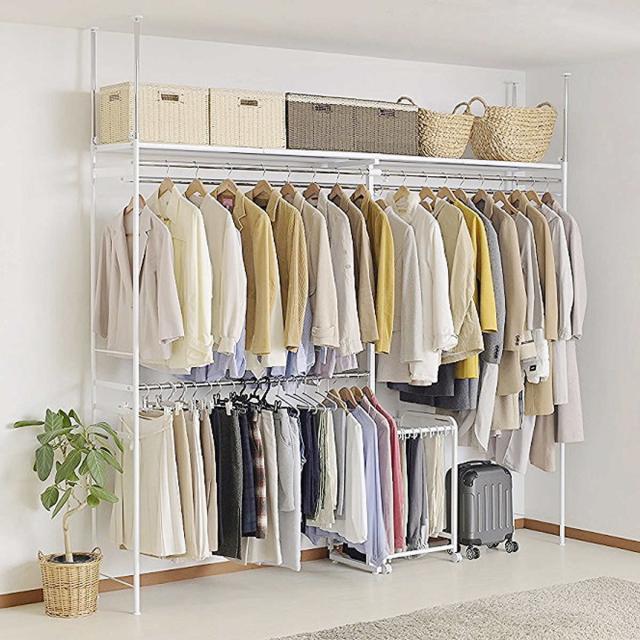 突っ張り ハンガーラック 幅150〜250cm 高さ200〜265cm ダブルハンガー ロータイプ スーパーワイド （ つっぱり ラック 突っ張りラック 伸縮 収納 棚 突っ張りハンガーラック 突っ張り棚 クローゼット 天井 壁面収納 衣類収納 ）