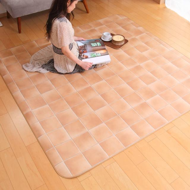 ラグ 182×230cm ラグマット テラコッタ 既製サイズ （ 撥水 拭ける タイル ダイニングラグマット フロアマット 撥水加工 抗菌 防カビ 防水 防炎 日本製 リビング ダイニング 子ども部屋 耐久性 ）