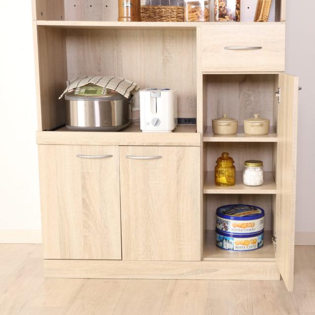 食器棚 ハイキッチンボード 幅88.5cm 木目調 2口コンセント付 （ カップボード キッチンボード 収納 棚 ガラス扉 食器収納 家電収納 レンジラック コンセント付 可動棚 スライド棚 引き出し シンプル ）_14