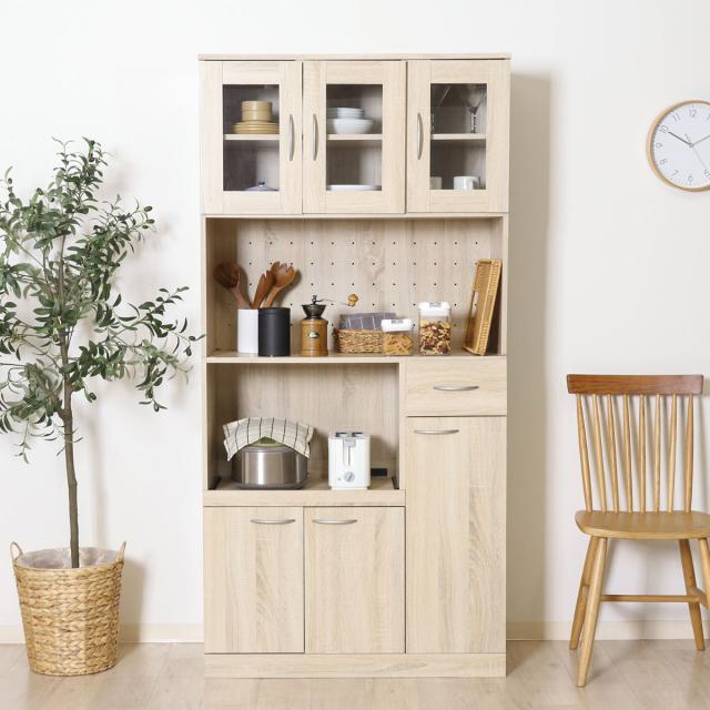 ♪天然木の カップボード ［幅78cm・ホワイト］ 食器棚 キッチンボード