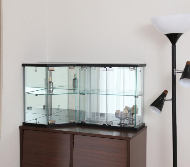 ディスプレイケース コレクションケース コレクションシェルフ ガラス 背面ミラー コレクションケース ガラス コーナー型 五角形 背面ミラー