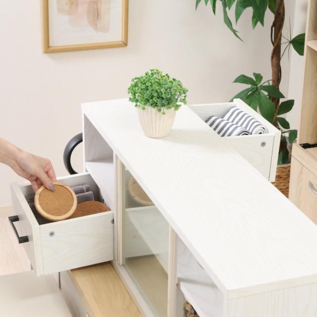 カウンター上 収納ラック 幅80cm オープンキッチン 可動棚 （ ショーケース ガラス扉 対面 ディスプレイ 棚 ブレッドケース キッチン 収納 卓上 引き出し 両面 ラック オーク オークホワイト ）