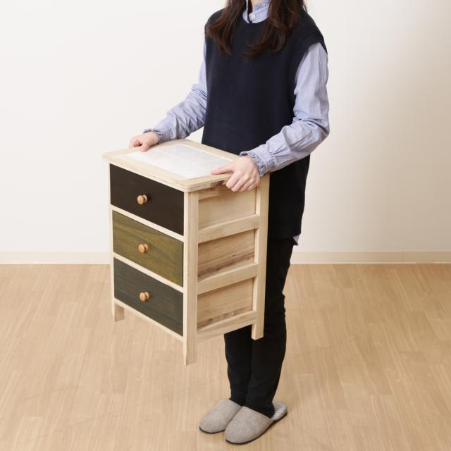 チェスト 幅40cm 3段 桐製 マルチカラフル タイルトップ （ 収納チェスト 収納 リビングチェスト キッチン収納 タイル天板 完成品 サイドチェスト 木製チェスト カラフル 木製 ナチュラル おしゃれ ひとり暮らし ）