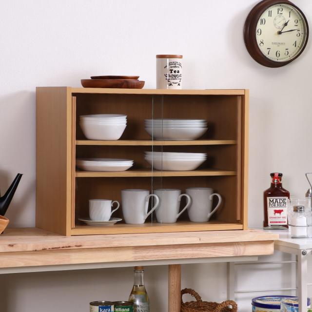 ミニ食器棚 幅60cm 3段 カップボード ガラス引き戸 （ 食器棚 キッチン