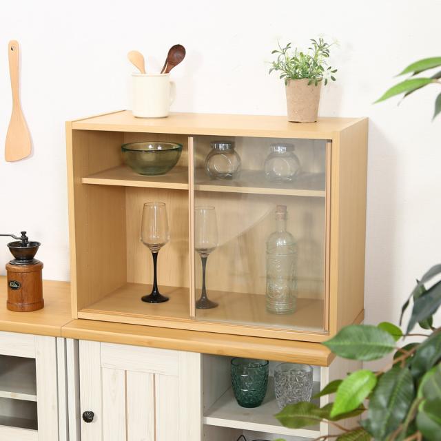 ミニ食器棚 幅60cm 3段 カップボード ガラス引き戸 （ 食器棚 キッチン