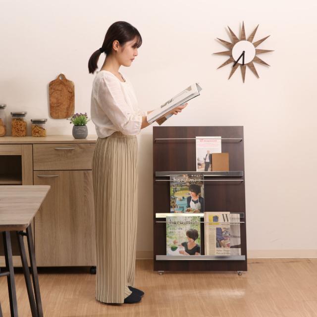 マガジンラック 幅58cm 3段 ワイド 木目調 折りたたみ式 （ ブック  