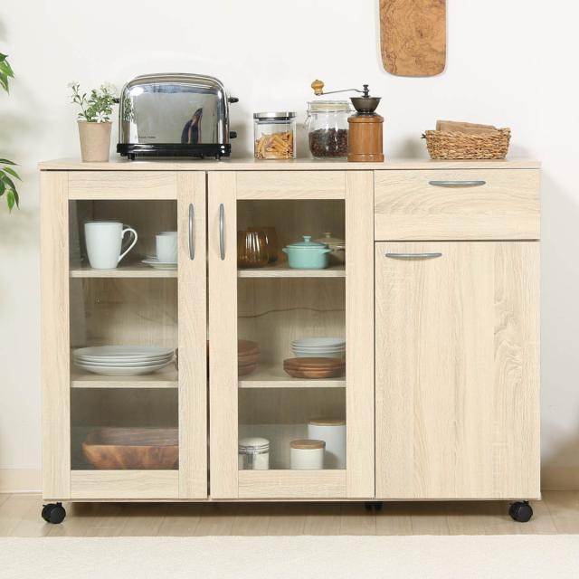 キャビネット 幅115.2cm キャスター付 北欧風 （ カップボード キッチン レンジ台 キッチンワゴン 収納 カウンター 天板 家電ラック キッチンボード 収納ラック キャスター ナチュラル おしゃれ ）