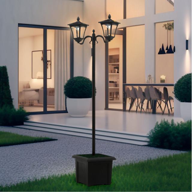 ガーデンライト LEDソーラースタンドライト 2灯 プランター付き （ 屋外 置き型 ソーラー ライト 太陽光充電 プランター スタンド式ライト スタンド式 街路灯風 LEDライト 配線不要 防犯 光センサー 自動 太陽光 充電式 明るさ調節 ）