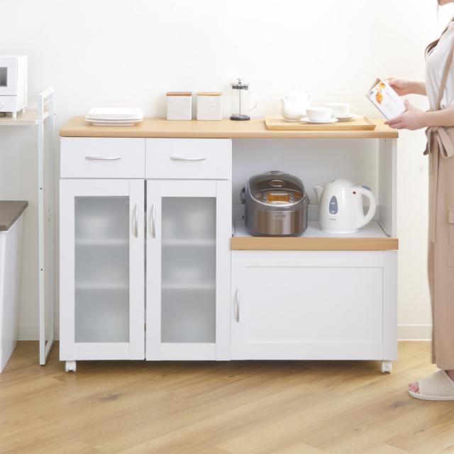 【急ぎ】キッチンカウンター　ホワイト　木製 キッチンカウンター ウォッシュホワイト コンセント・キャスター付き