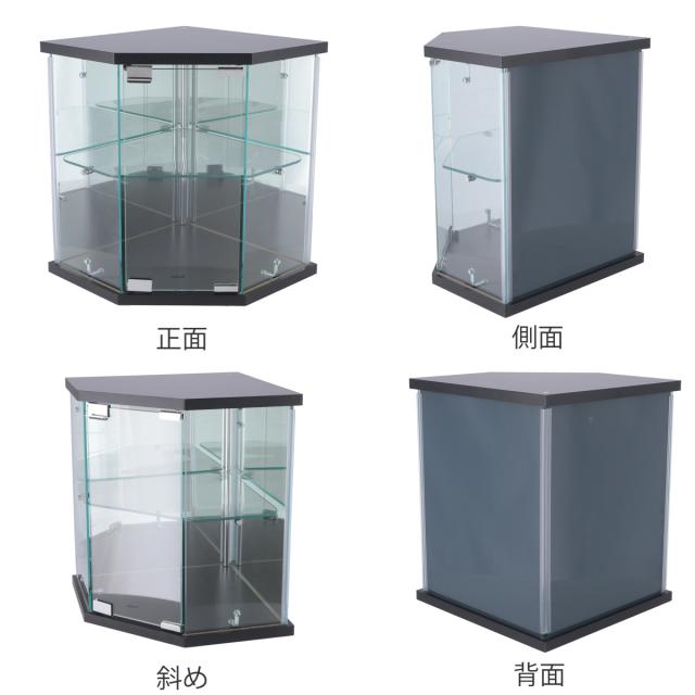 コレクションケース ガラス コーナー型 五角形 背面ミラー （ 卓上 コレクション ラック 棚 ディスプレイ ガラス製 全面ガラス 棚上 収納 展示 フィギュアケース 見せる収納 ホワイト ブラック 白 黒 ）_2