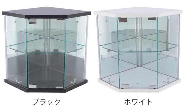 コレクションケース ガラス コーナー型 五角形 背面ミラー （ 卓上 コレクション ラック 棚 ディスプレイ ガラス製 全面ガラス 棚上 収納 展示 フィギュアケース 見せる収納 ホワイト ブラック 白 黒 ）_3