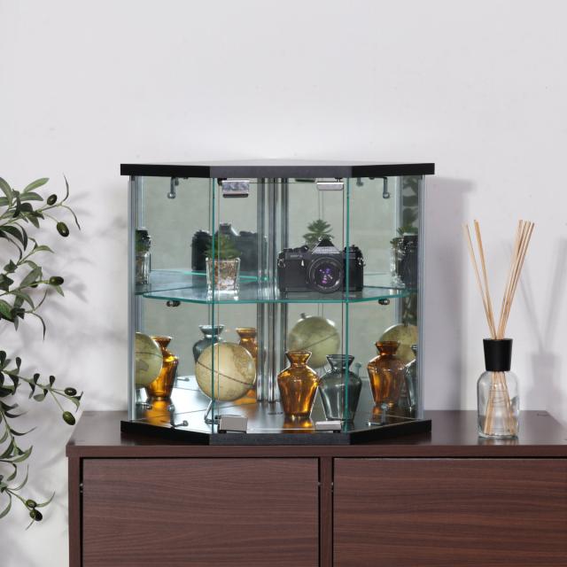 コレクションケース ガラス コーナー型 五角形 背面ミラー （ 卓上 コレクション ラック 棚 ディスプレイ ガラス製 全面ガラス 棚上 収納 展示 フィギュアケース 見せる収納 ホワイト ブラック 白 黒 ）_9